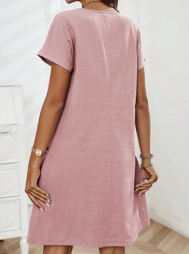 Summer Casual Zipper Half-Placket Button Decor Double Pocket Short Sleeve Dress
