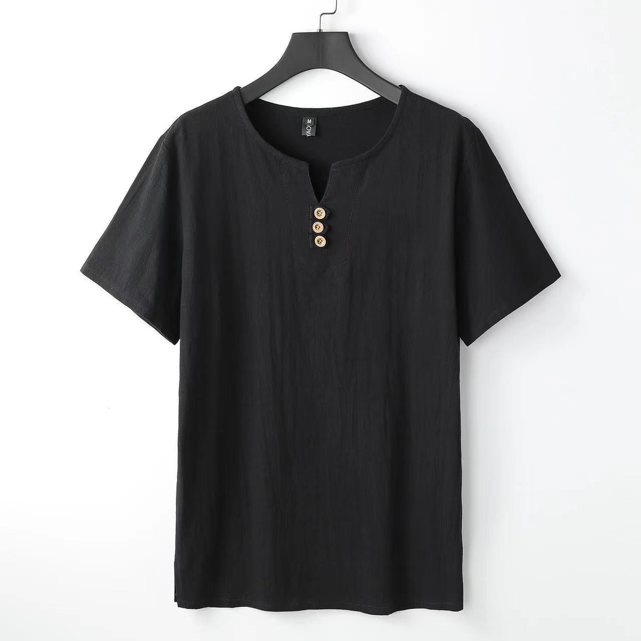 Men's Chinese-style Cotton And Linen V-neck Short Sleeve