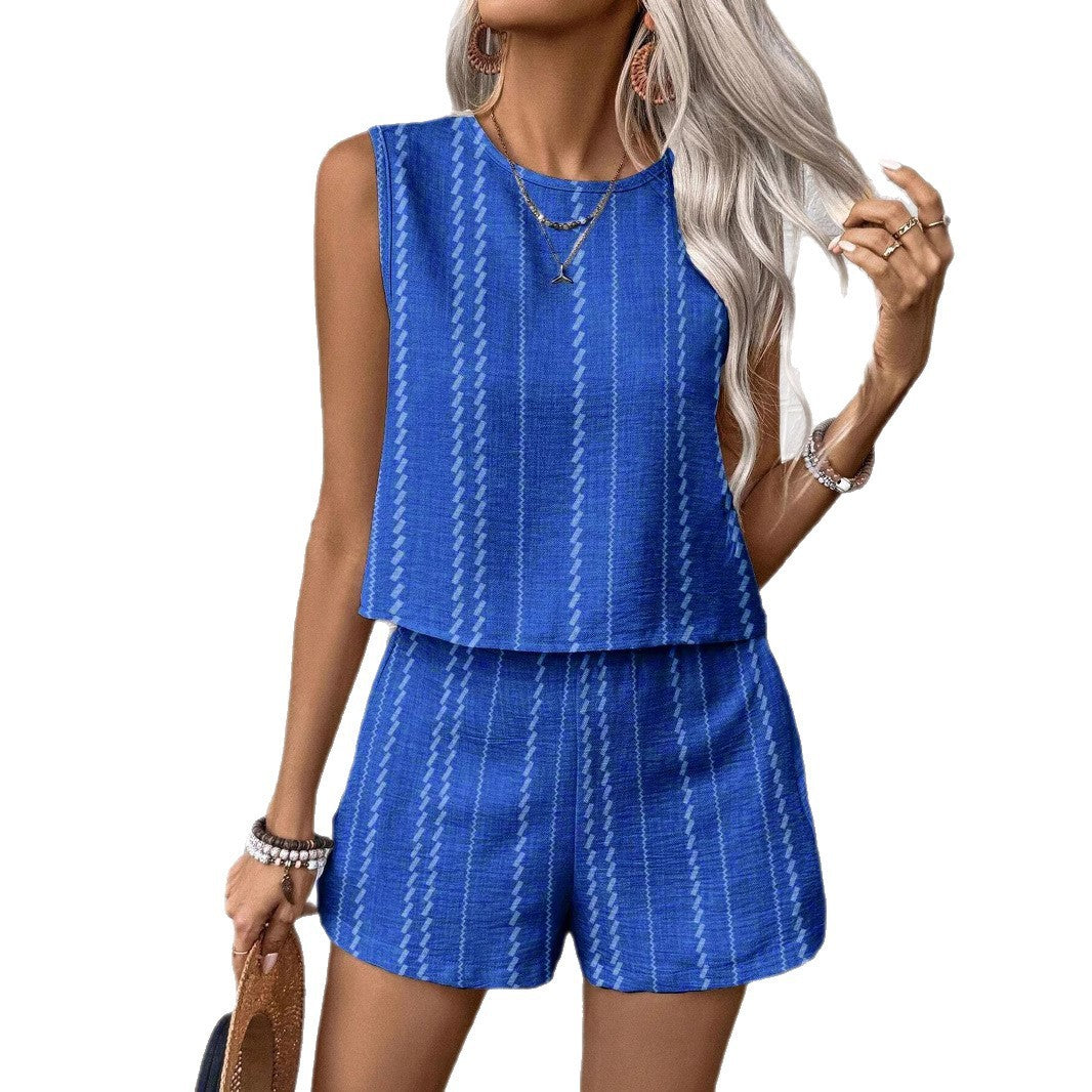 Casual Craft Stripe Printing Sleeveless Tank Top Shorts Suit